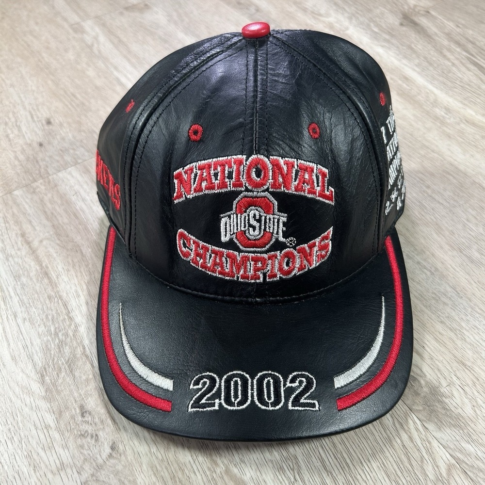 VTG 2002 Ohio State Buckeyes Strapback Champions Hat Black Leather Cap USA